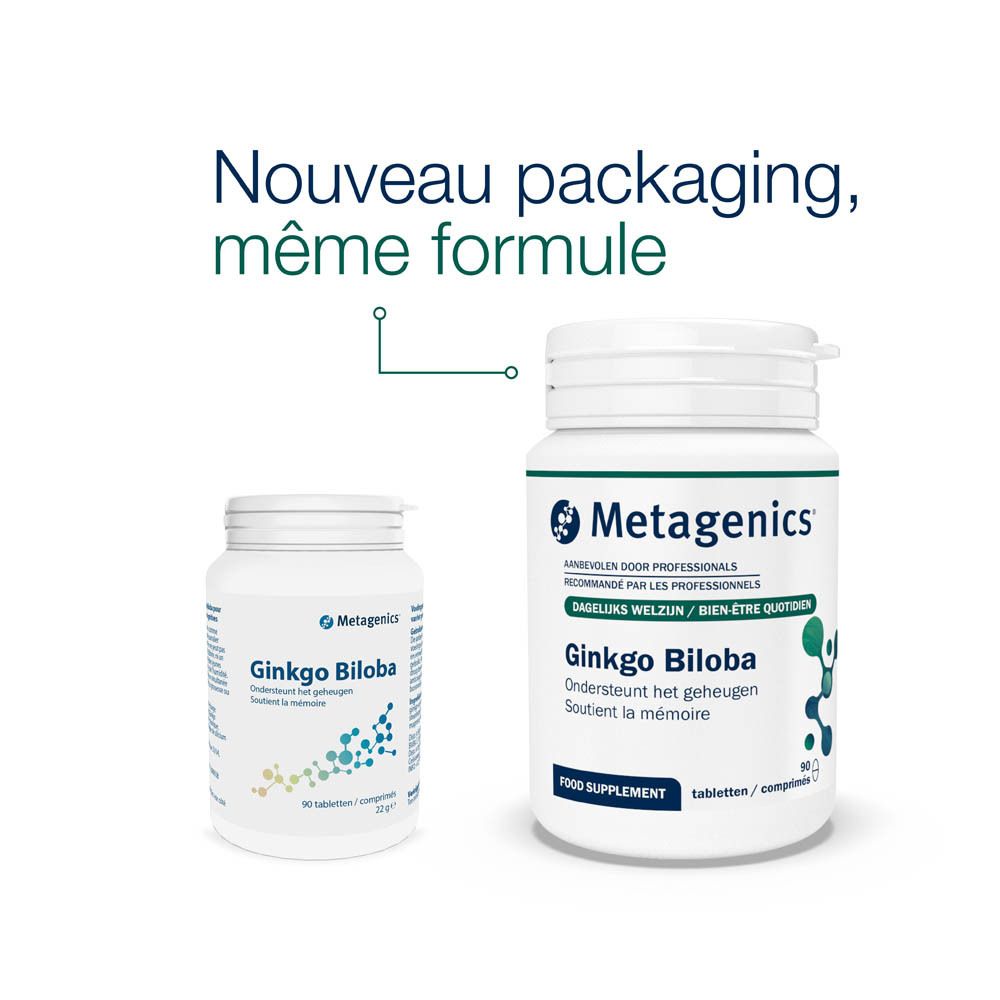 Flacon blanc de Ginkgo Biloba, Metagenics. 90 comprimés. Soutient la mémoire.