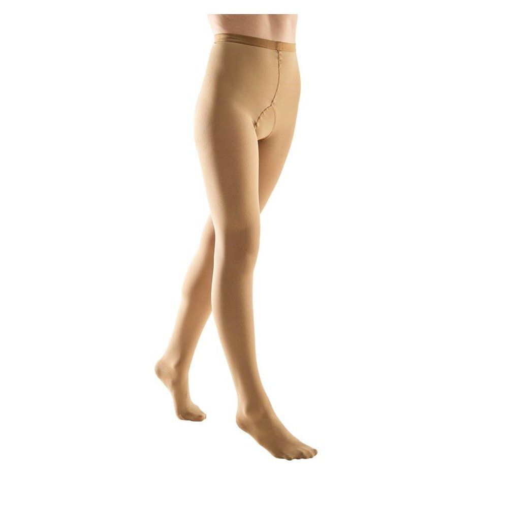 Huidkleurige panty. Zicht op de benen van een persoon. De stof is licht transparant.