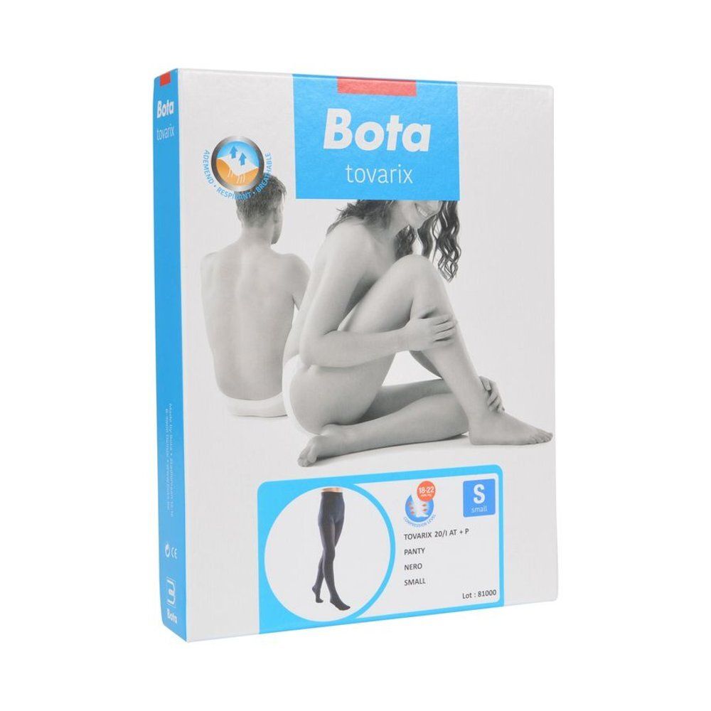 Verpakking Bota Tovarix. Blauw deksel, witte doos. Afbeelding van benen. Drie ovale productafbeeldingen.