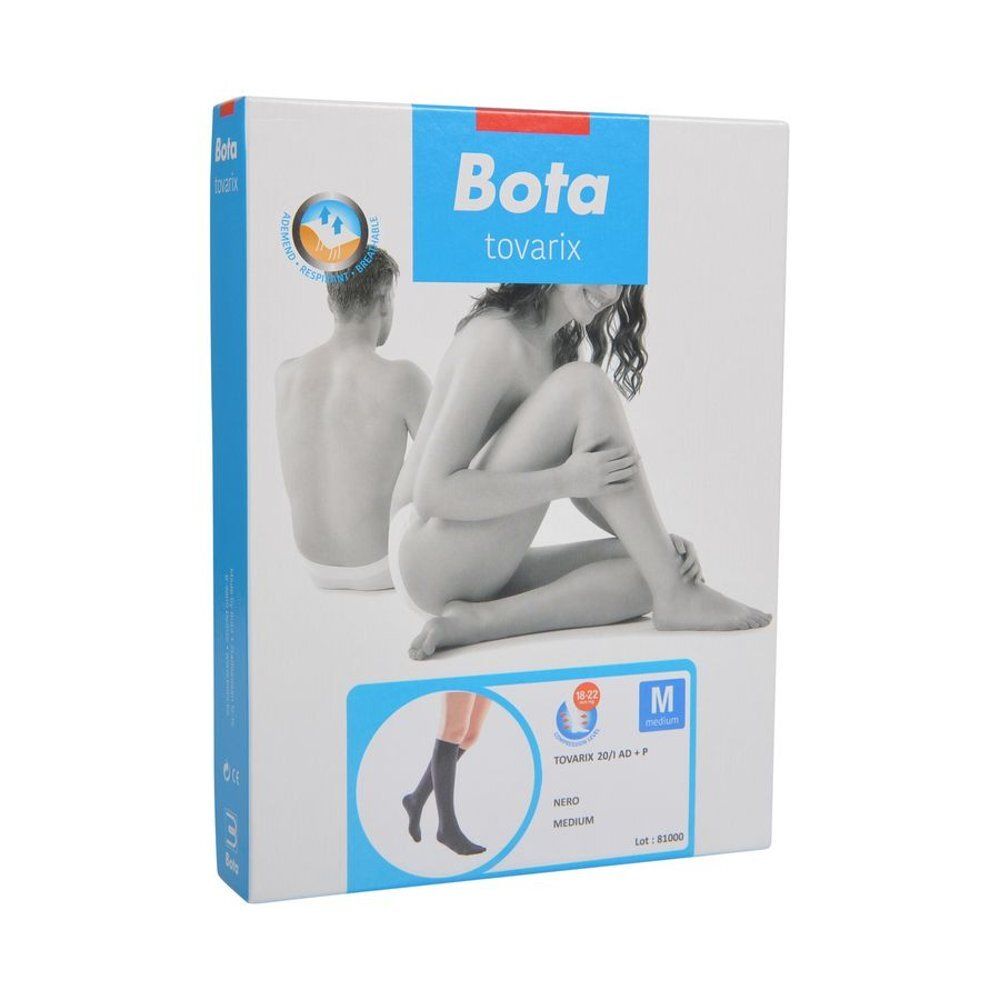 Verpakking van Bota tovarix. Zwarte compressiekousen, maat M. Illustratie van een vrouw en een man.