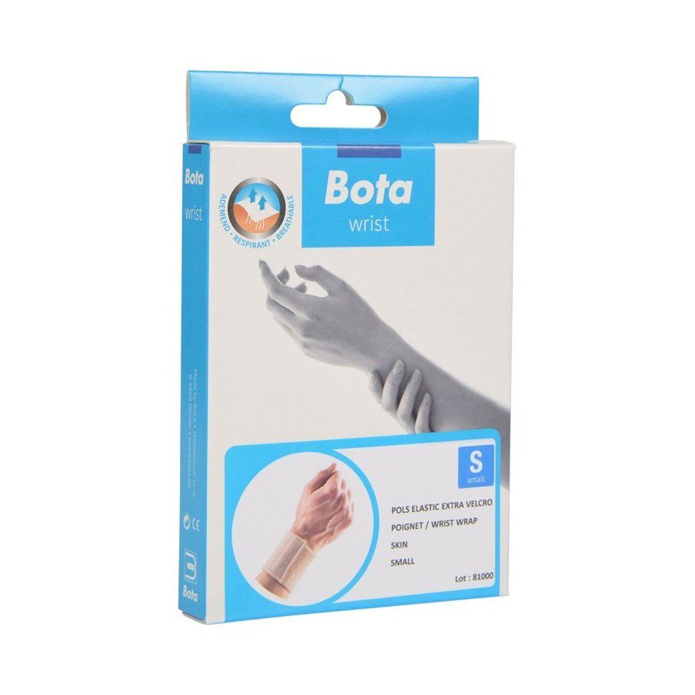 Bota polsbrace in verpakking. Maat S, huidskleur. Klittenband. Merk Bota. Doos met productafbeelding.
