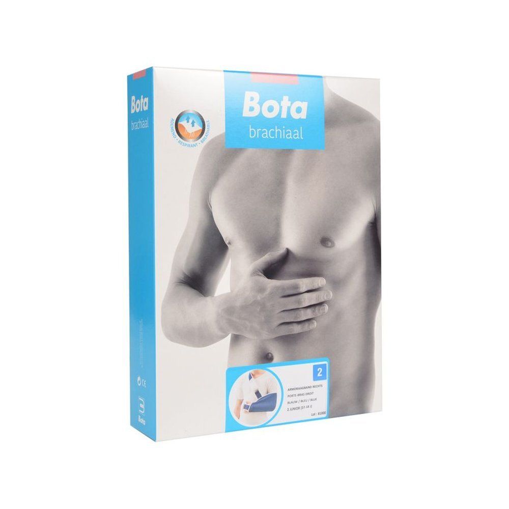 Verpakking Bota brachiaal. Blauwe en witte verpakking met productafbeelding. Zijaanzicht met logo.