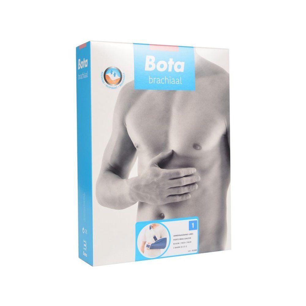 Verpakking voor een armdraagband. Op de verpakking staat een man afgebeeld die een armdraagband draagt. Tekst: Bota brachial.