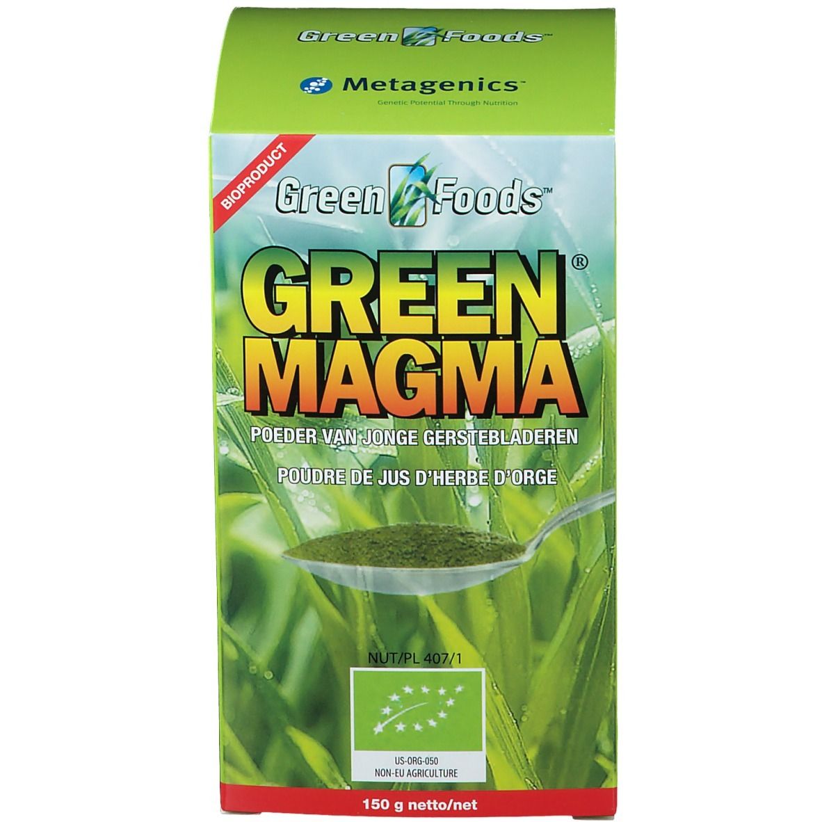 Groene productverpakking. Tekst en logo. Lepel met groen poeder. Biologisch keurmerk.