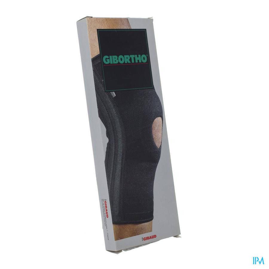 Kniebrace in verpakking. Zwarte brace met gat voor de knieschijf. Op de verpakking staat GIBORTHO.