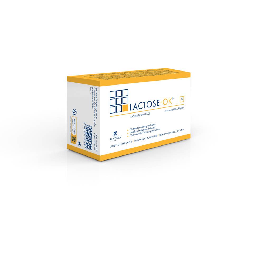 Gele doos LACTOSE-OK. 75 capsules. Productafbeelding op lichte achtergrond. Tekst en illustraties.