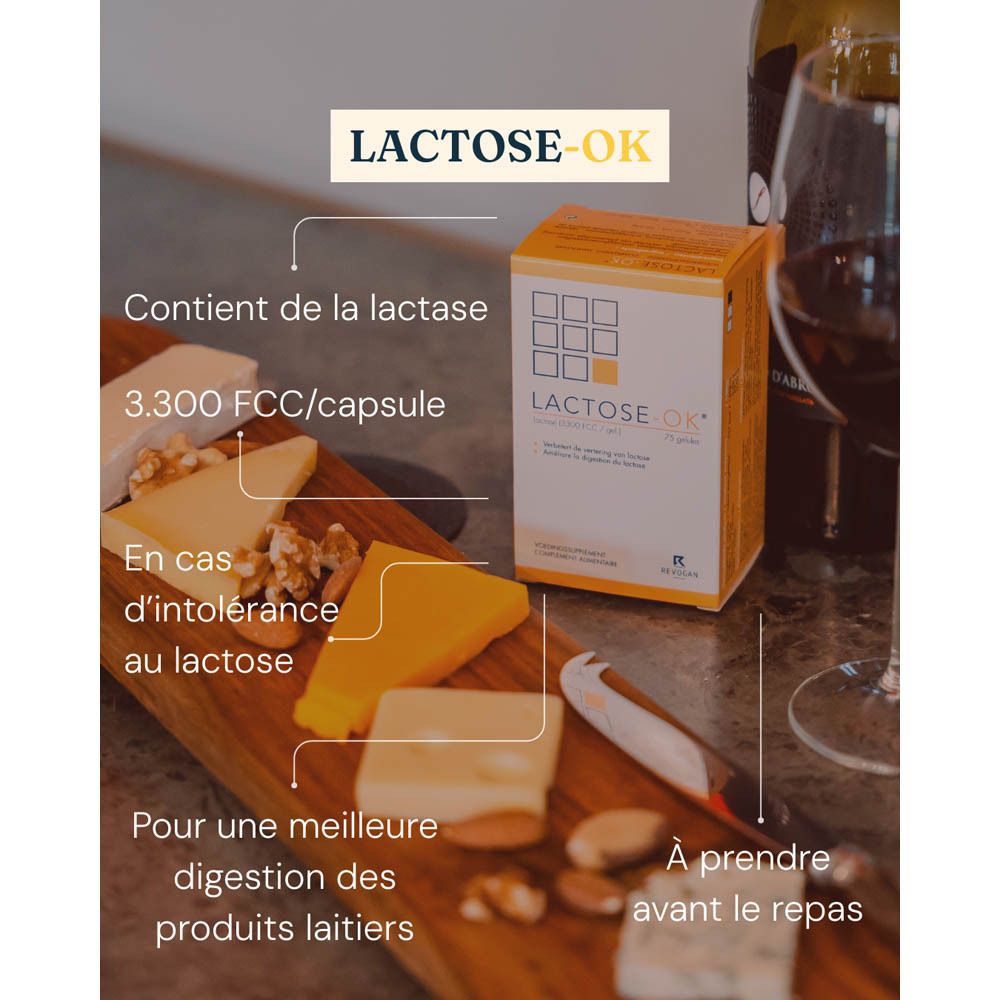 Boîte LACTOSE-OK à côté de fromages, noix et vin. Texte: Contient de la lactase, 3.300 FCC/capsule.