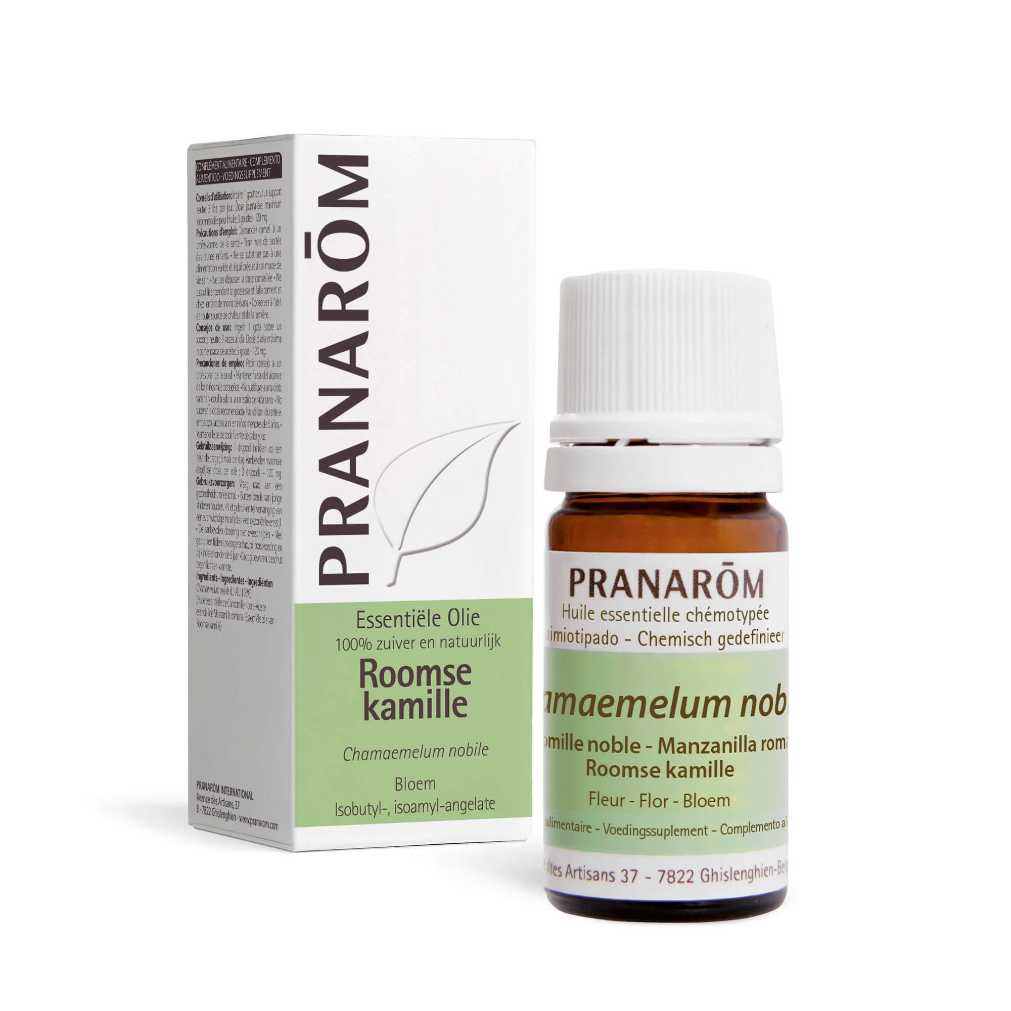 Bruine glazen fles met witte dop en etiket. PRANAROM. Roomse kamille. 5 ml.