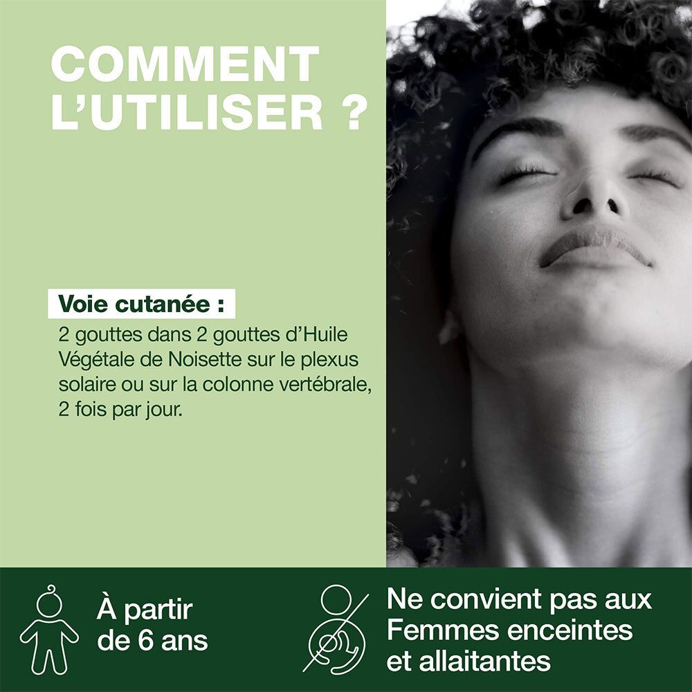 Flacon en verre brun, bouchon blanc, étiquette. Nom du produit et texte.