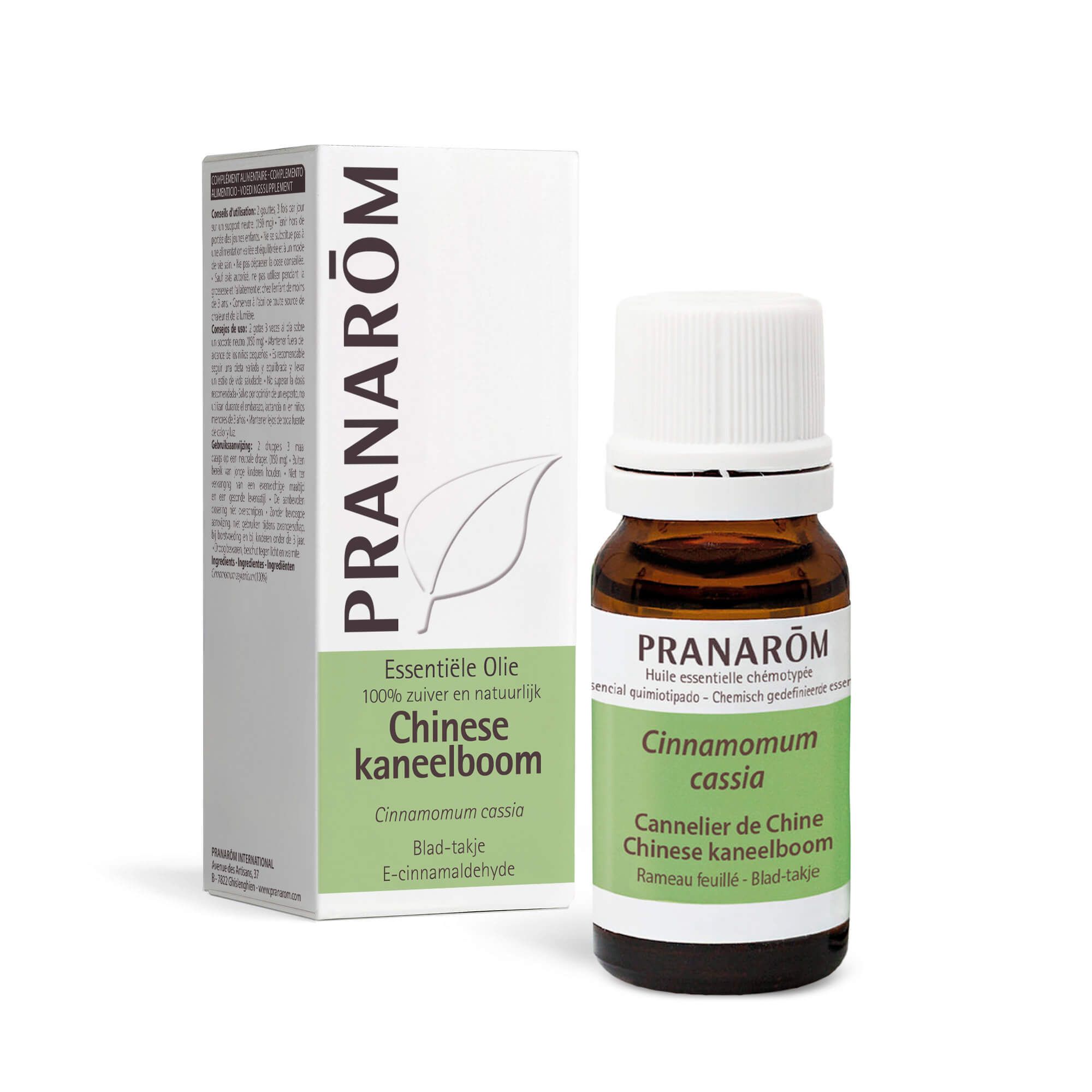 Bruine glazen fles, witte dop. Etiket met Pranarôm, productnaam.