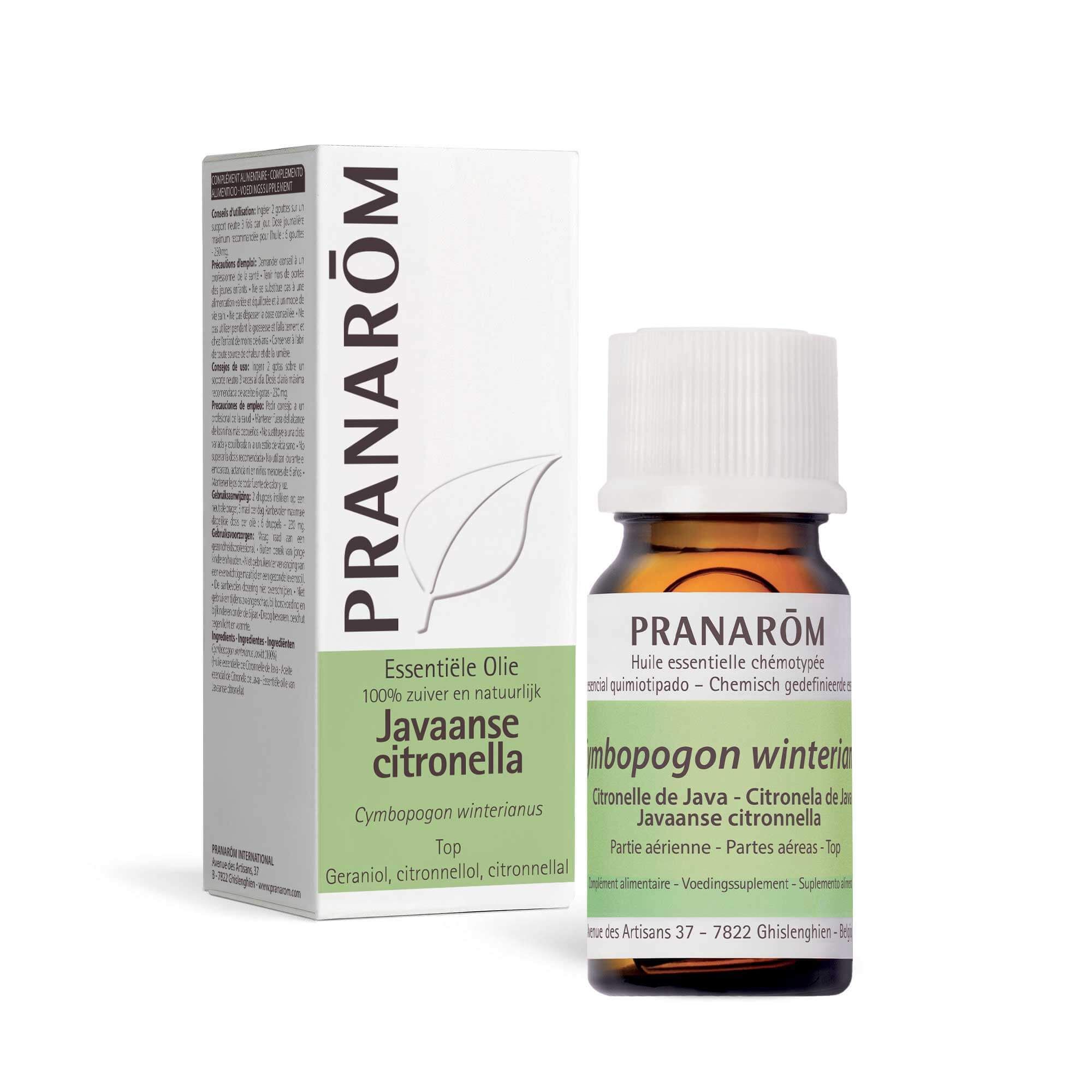 Bruine glazen fles met witte dop. Opschrift: PRANAROM, Citron Java. Etiket.