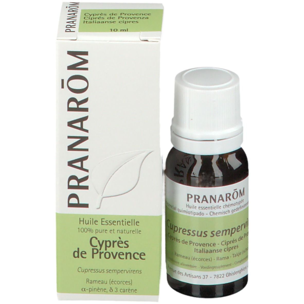 Flacon en verre brun et boîte. Inscription PRANAROM et 'Cypres de Provence'.