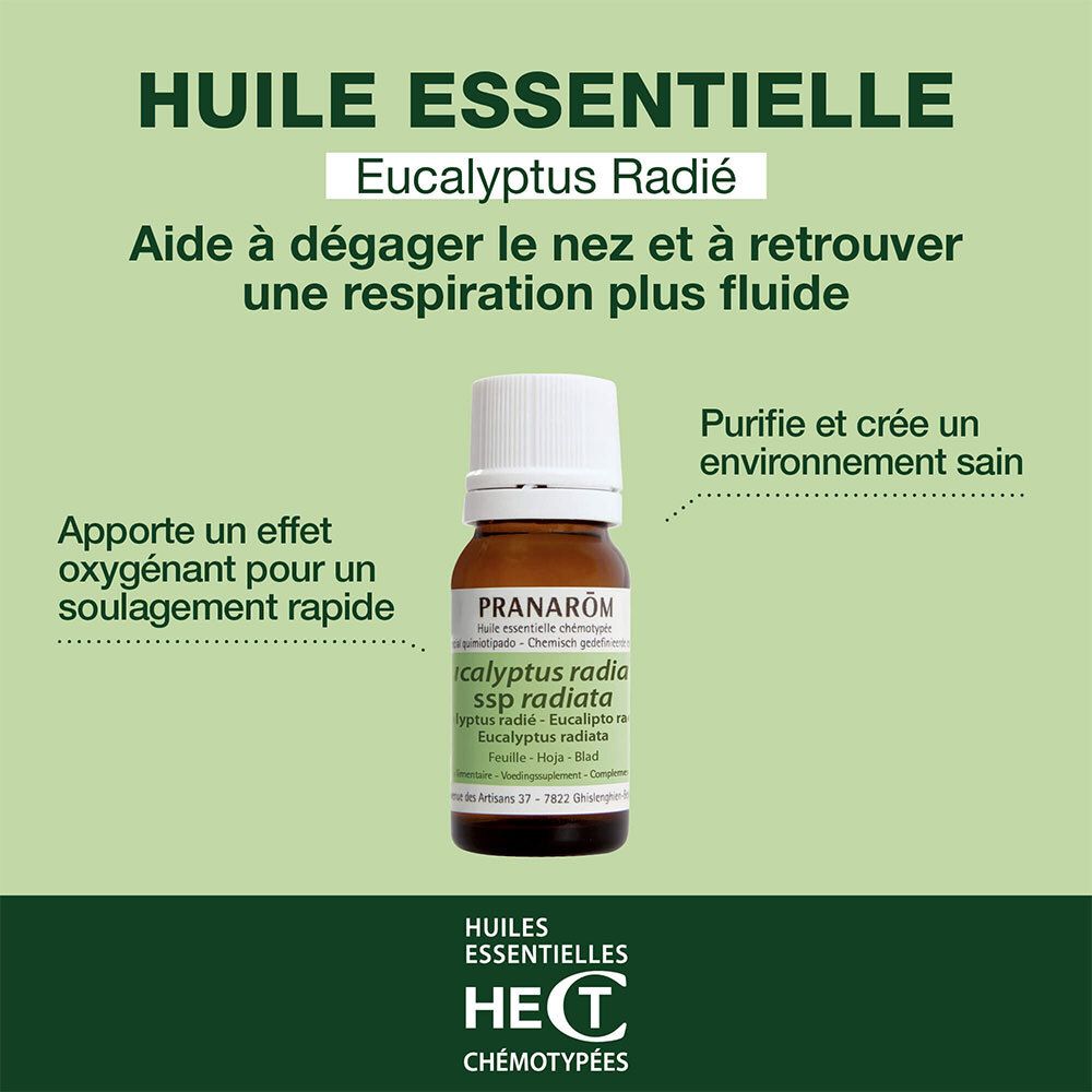 Flacon de produit avec texte. Texte : Eucalyptus Radié. Fond verdâtre.