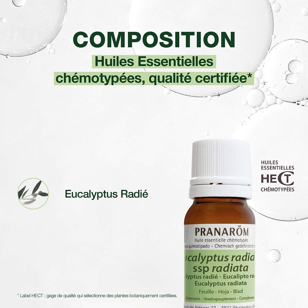 Texte sur la composition. Huiles essentielles chémotypées, qualité certifiée.