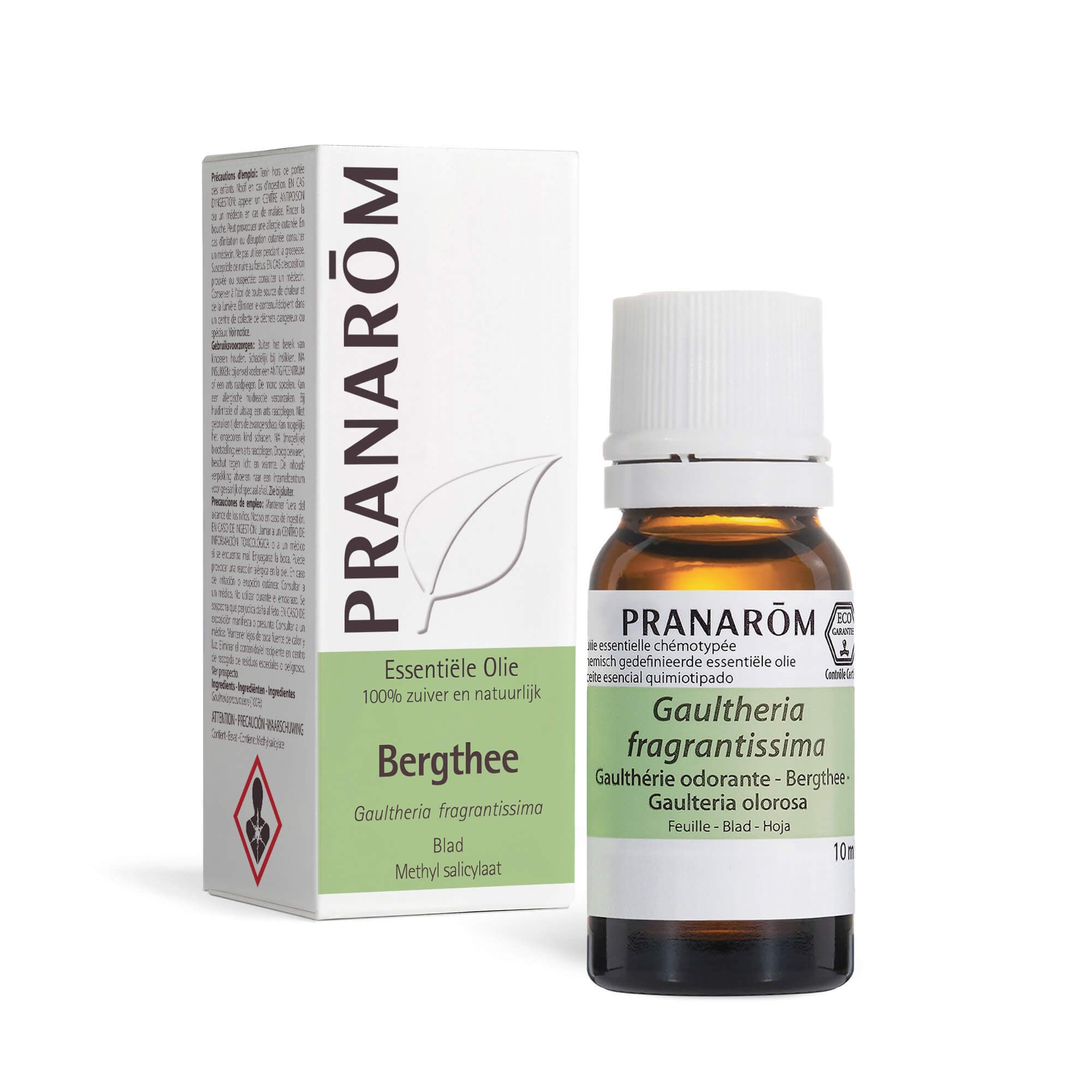 Bruine glazen fles met witte dop. Etiket met productnaam en merk PRANAROM. Verpakking met productnaam.