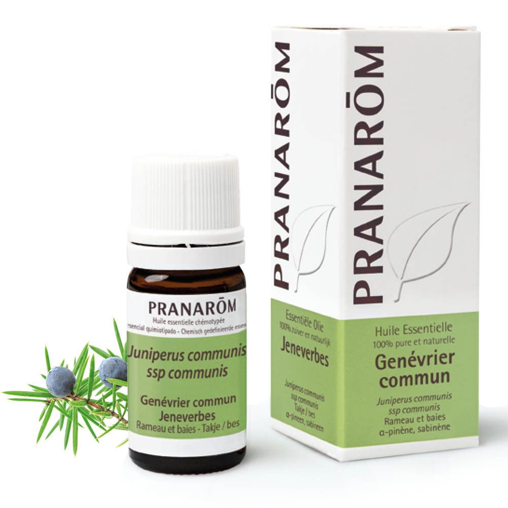 Emballage et flacon. Sur l'emballage, PRANAROM et Genévrier commun. Flacon avec bouchon blanc.