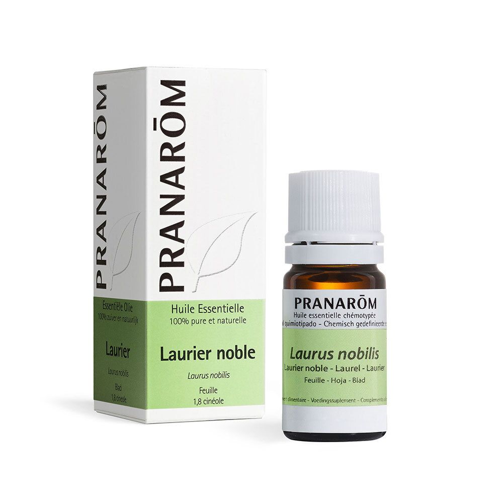Flacon en verre brun, bouchon blanc. Étiquette avec nom du produit et marque PRANAROM. Emballage carton.