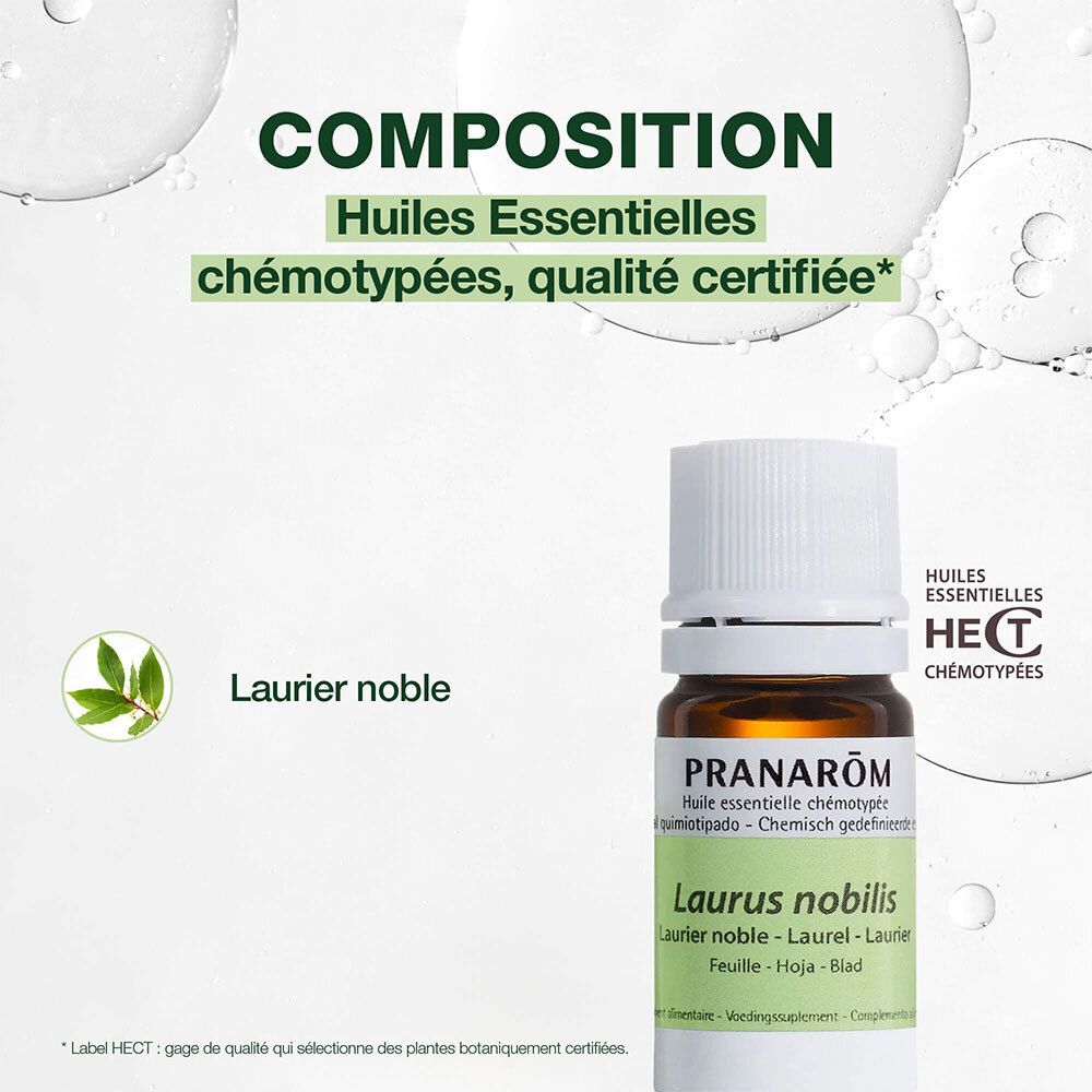 Flacon en verre brun, bouchon blanc. Étiquette avec nom du produit et marque PRANAROM. 5 ml.
