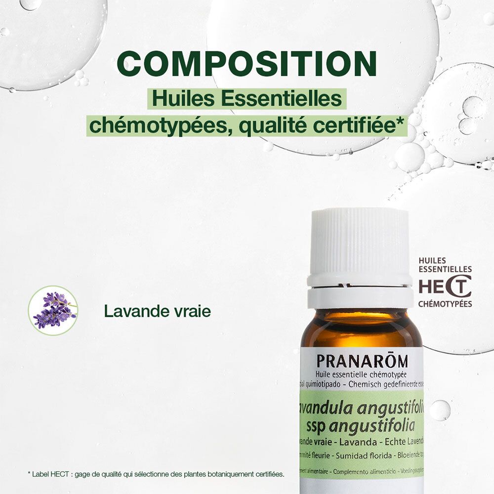 Flacon en verre brun, bouchon blanc, étiquette. Inscription : 10 ml.