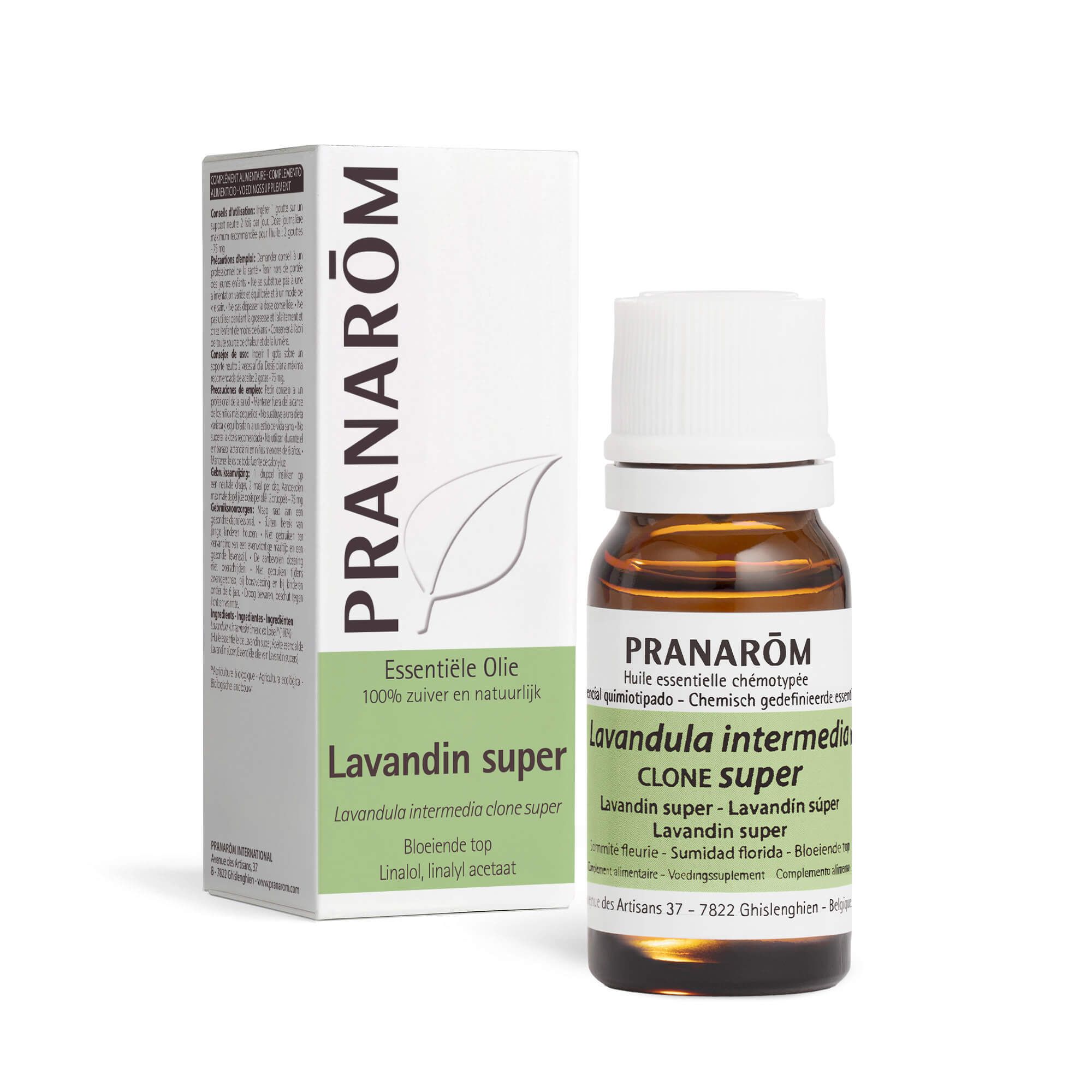 Bruine fles en witte doos met PRANAROM en Lavandin super.