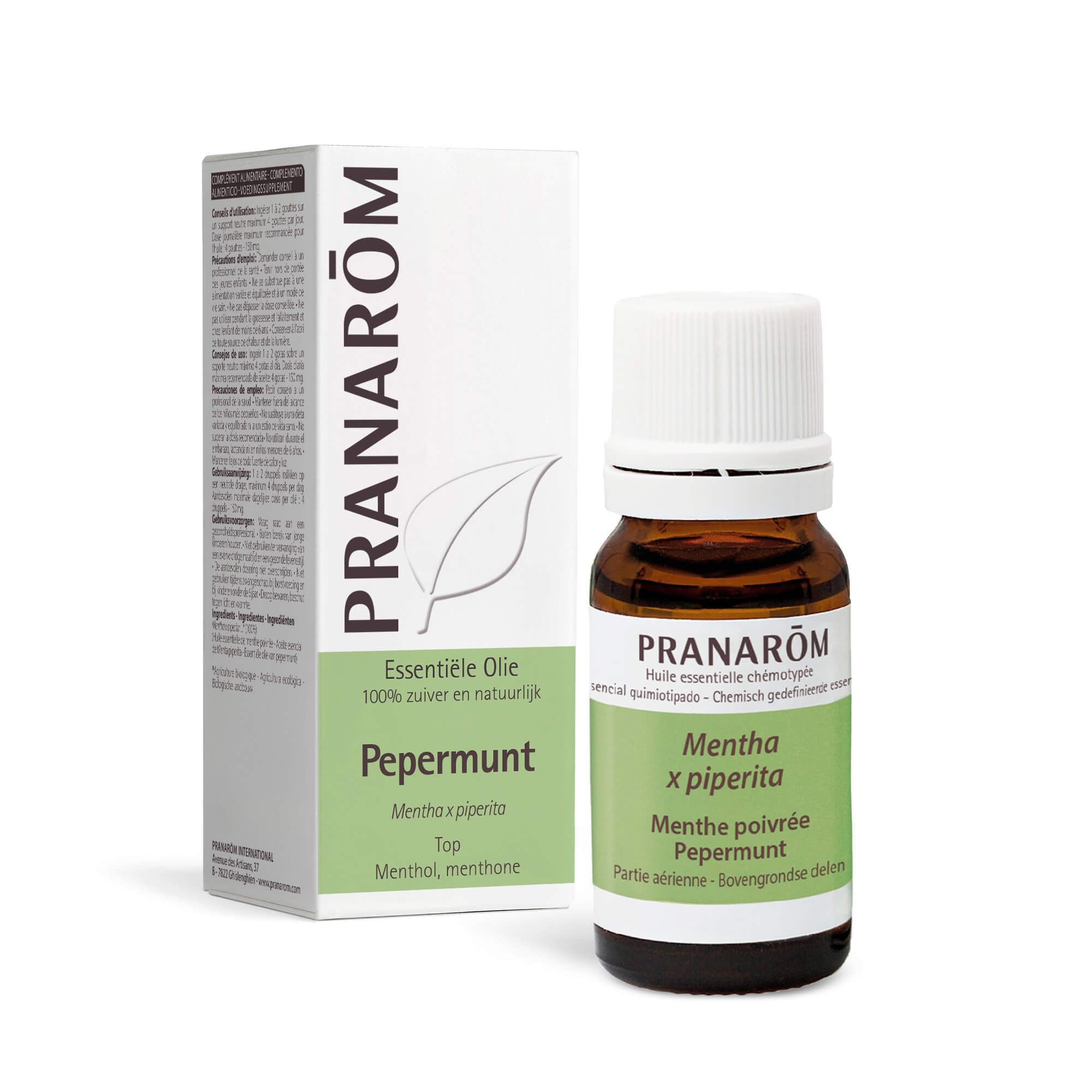 Bruine glazen fles en doos. Opschrift: PRANAROM, Mentha x piperita, Pepermunt, 10 ml.