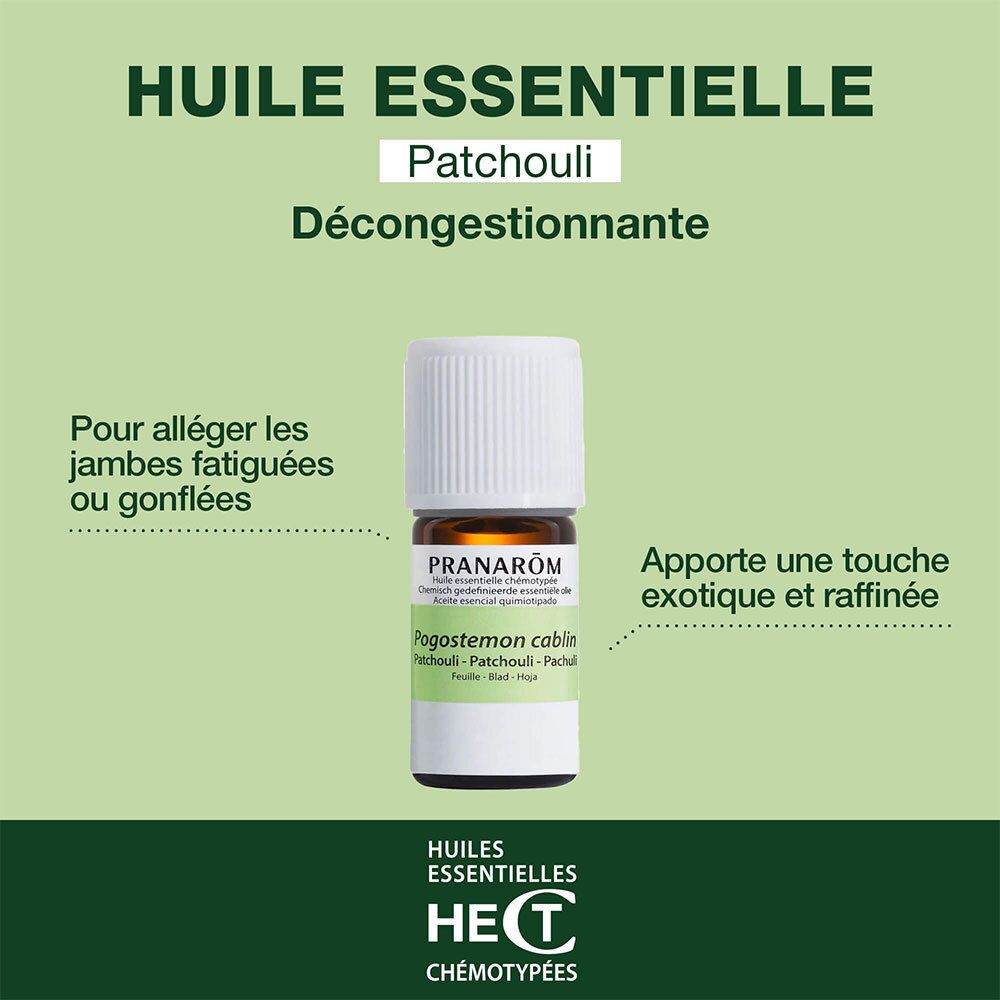 Flacon Pranarom Patchouli. Texte: Huile Essentielle, Décongestionnante. Pour jambes fatiguées ou gonflées.