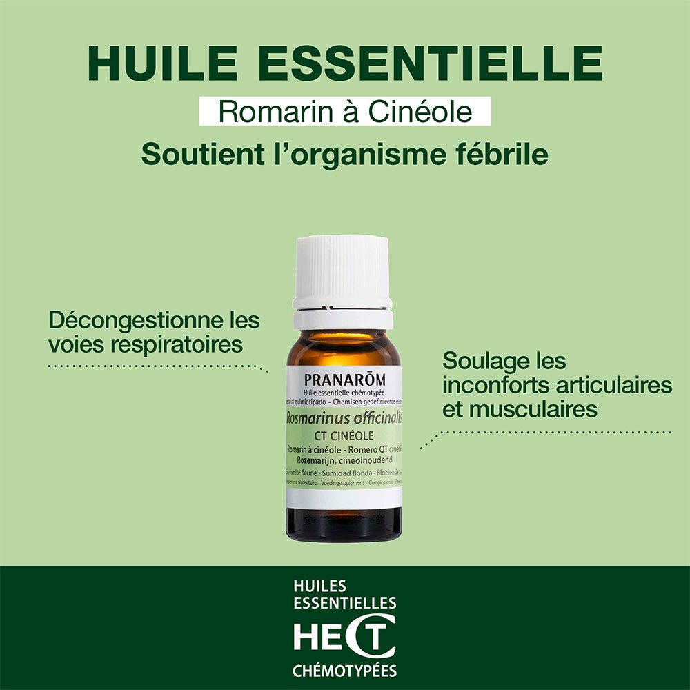 Flacon en verre brun avec bouchon blanc. Étiquette avec informations produit et marque Pranarôm.