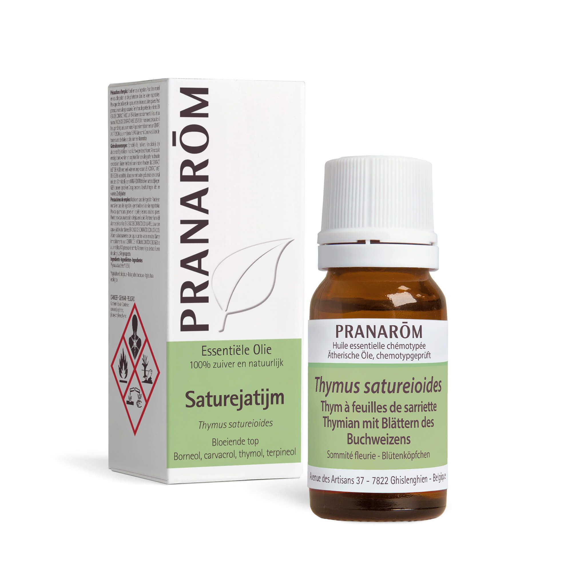 Flesje en doosje met essentiële olie PRANAROM Satureijm. 10 ml.