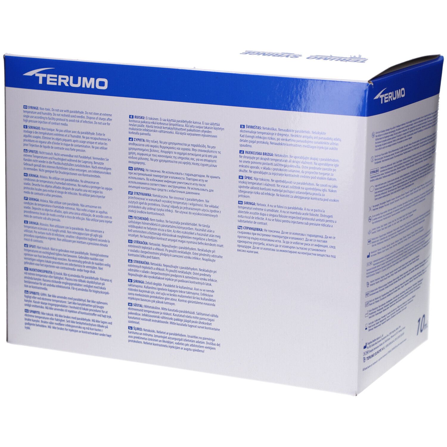 Dos de l'emballage des seringues Terumo. Texte en plusieurs langues. Contient des informations sur le produit et le fabricant.