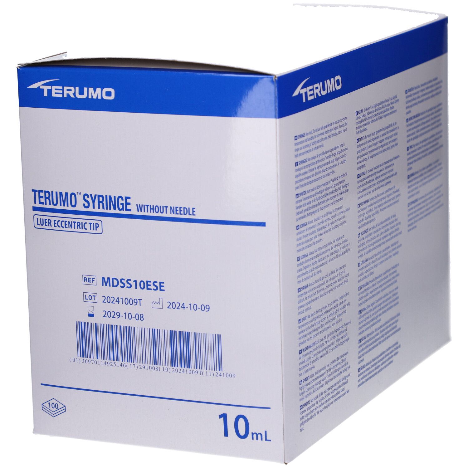 Emballage de seringues Terumo avec informations produit. Numéro de lot, date d'expiration et volume de 10 ml sont visibles.