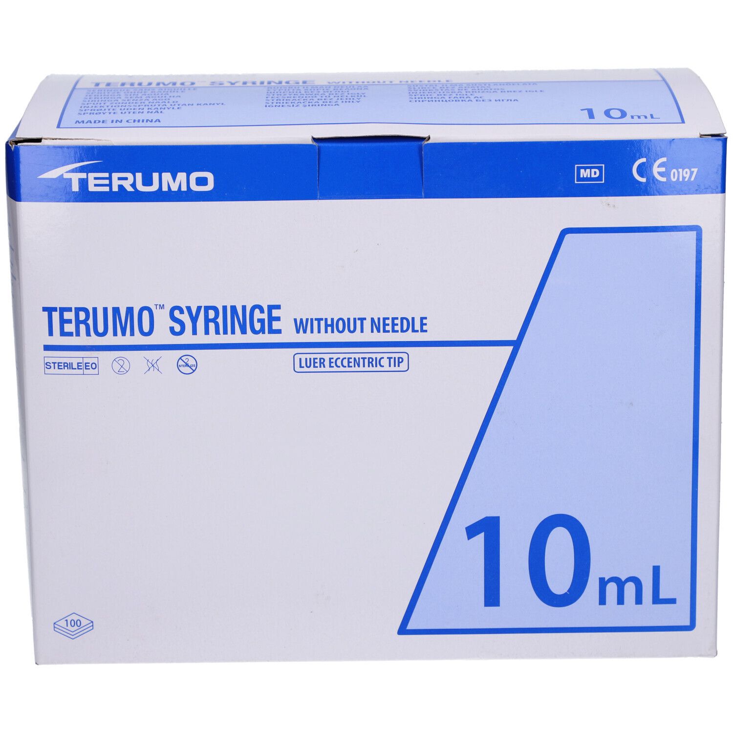Emballage de seringues Terumo. Logo et nom du produit 'SYRINGE WITHOUT NEEDLE'. Volume de 10 ml.