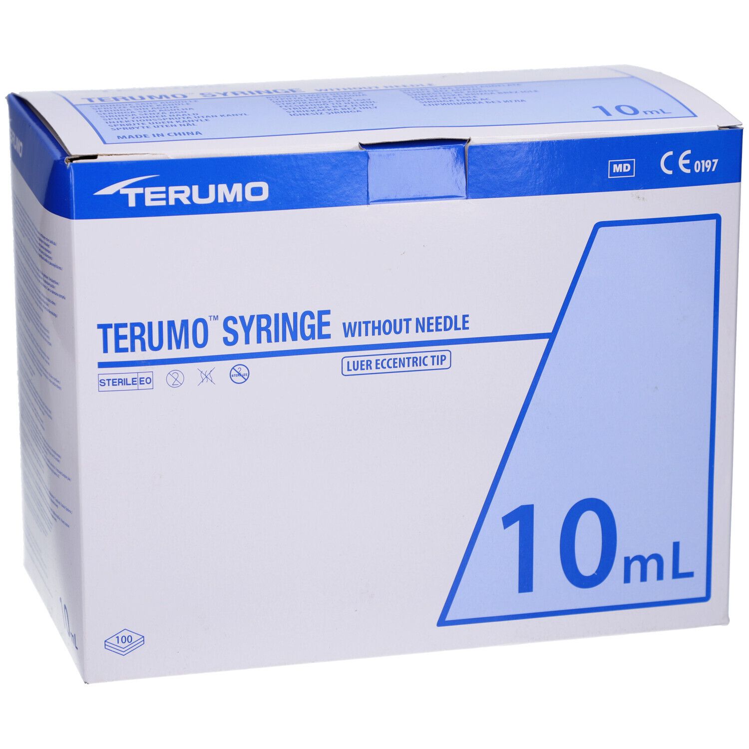 Emballage de seringues Terumo. Logo et nom du produit 'SYRINGE WITHOUT NEEDLE'. Volume de 10 ml.