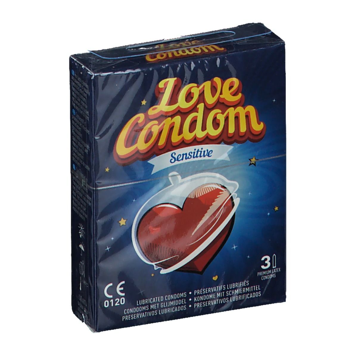 Verpakking van Love Condom Sensitive. Blauwe doos met rood hart. Bevat 30 condooms. CE-markering.