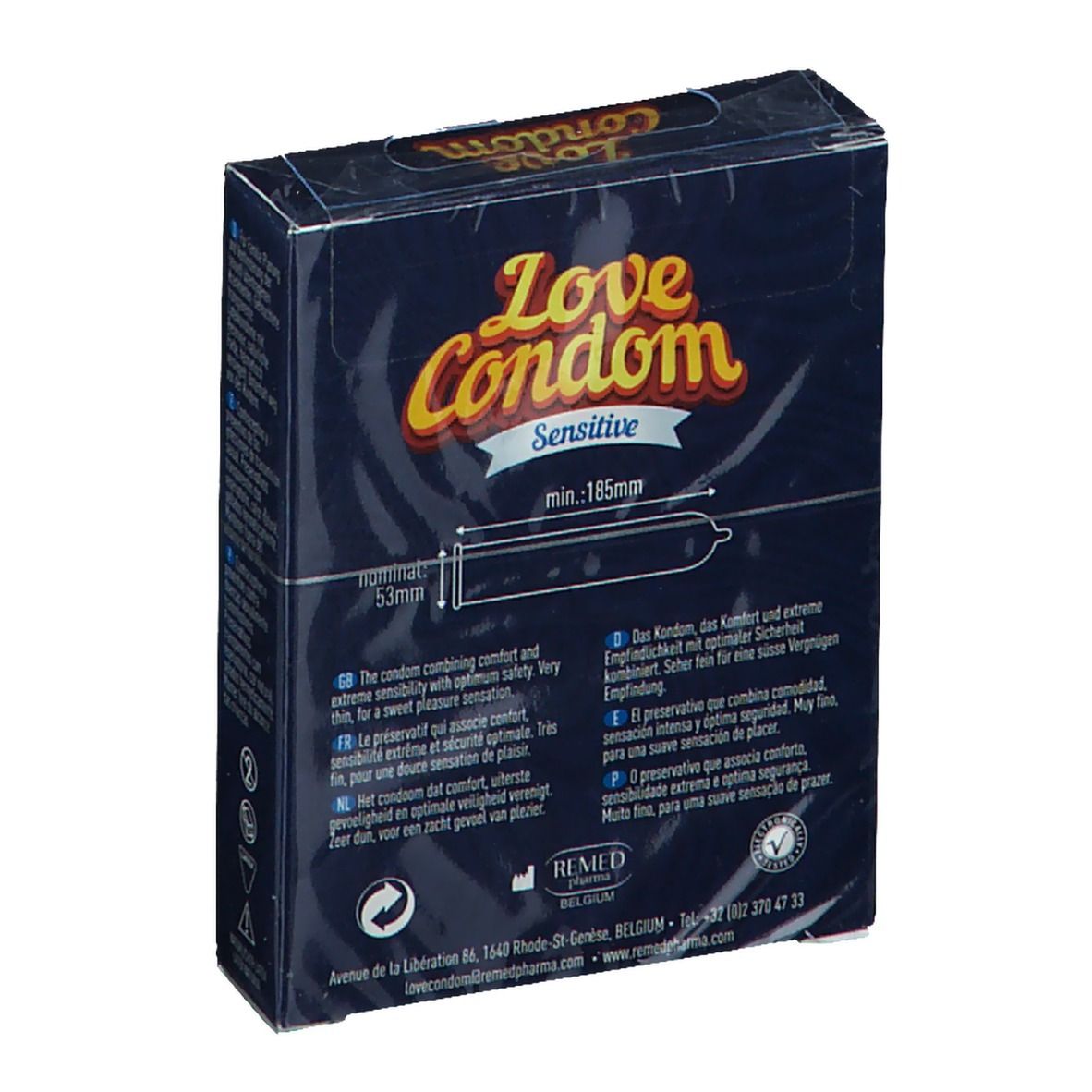 Achterkant van de Love Condom Sensitive verpakking. Blauwe doos met productinformatie en condoom illustratie.