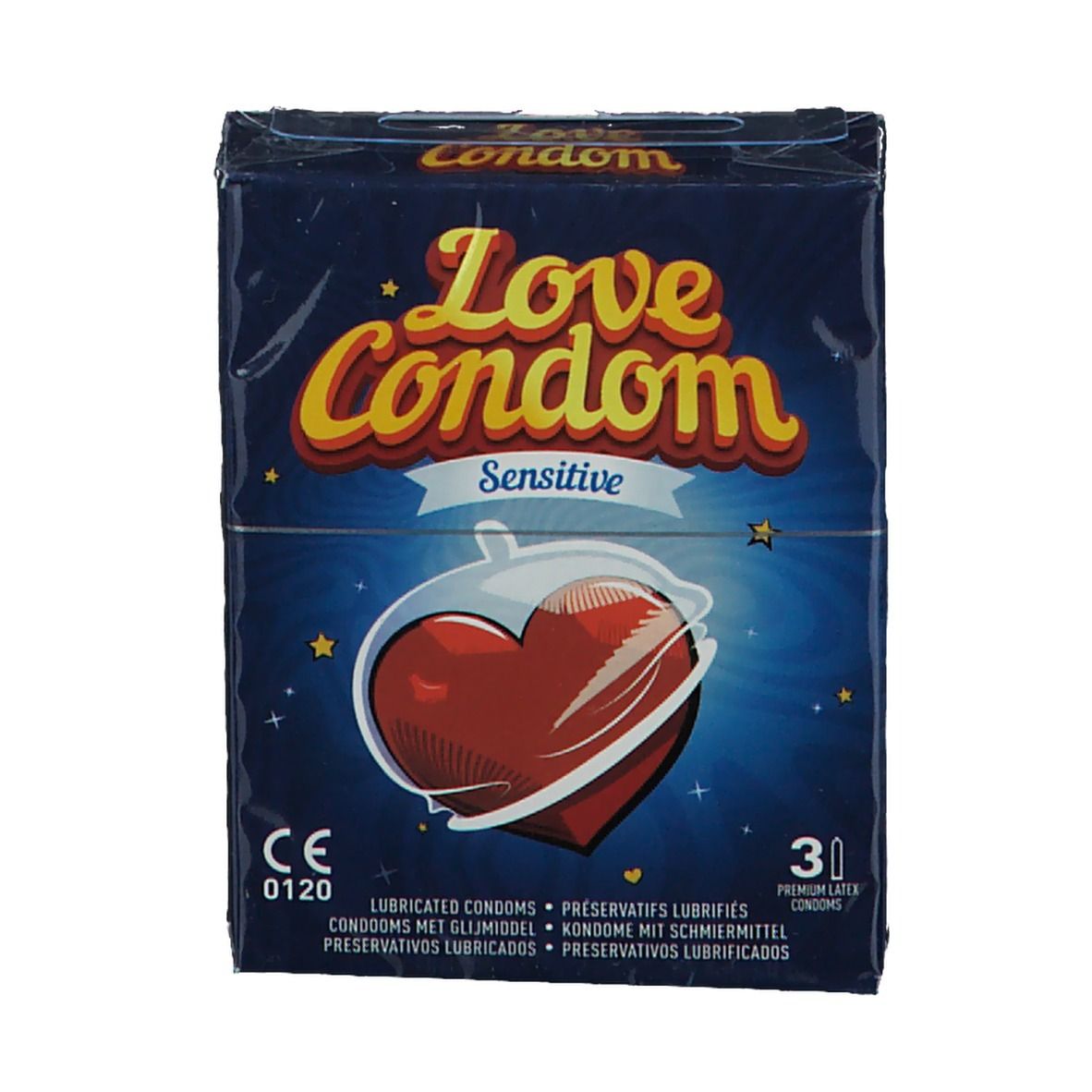 Voorkant van de Love Condom Sensitive verpakking. Blauwe doos met rood hart. Bevat 30 condooms. CE-markering.