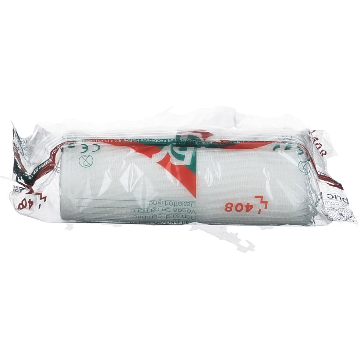 Rol verband in plastic verpakking. Opschriften: 408, CE-markering, rode driehoek. Wit verbandmateriaal zichtbaar.