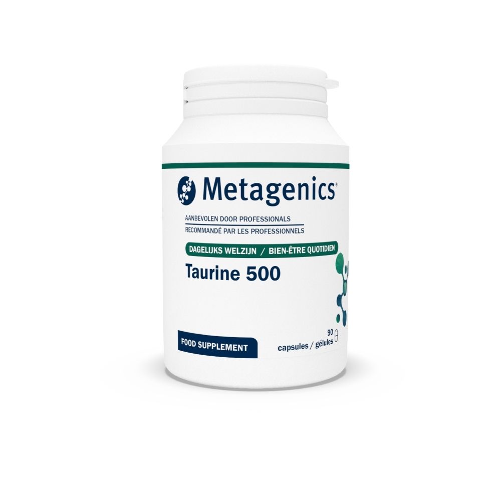 Witte fles met capsules. Opschrift: Taurine 500. Merk: Metagenics. 90 capsules.