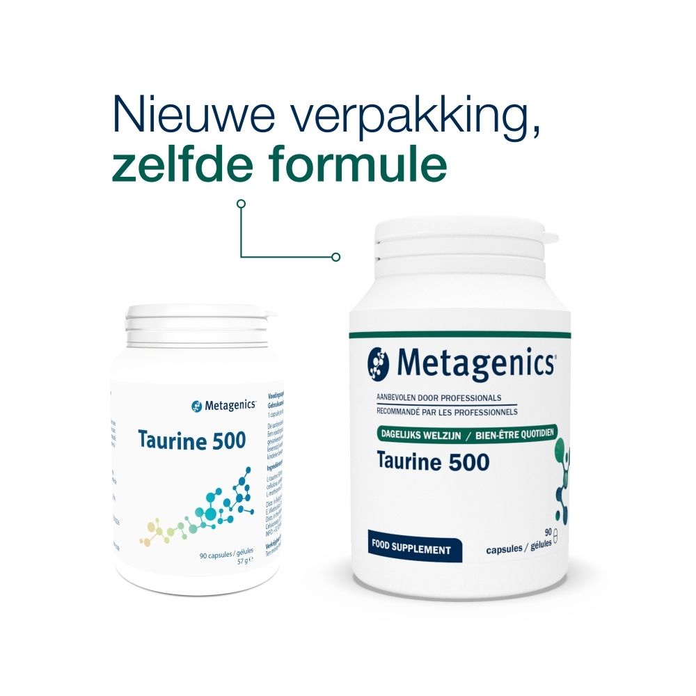 Twee witte flessen met capsules. Opschrift: Taurine 500. Merk: Metagenics. Nieuwe verpakking, zelfde formule.