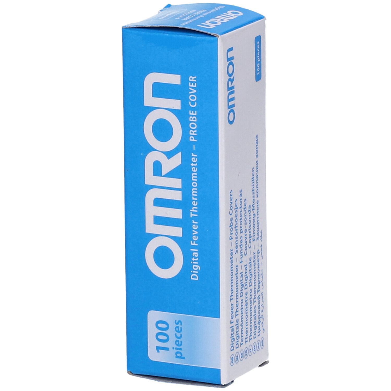 OMRON-verpakking met 100 thermometerhoezen. Blauw-witte doos met productinformatie en CE-markering.