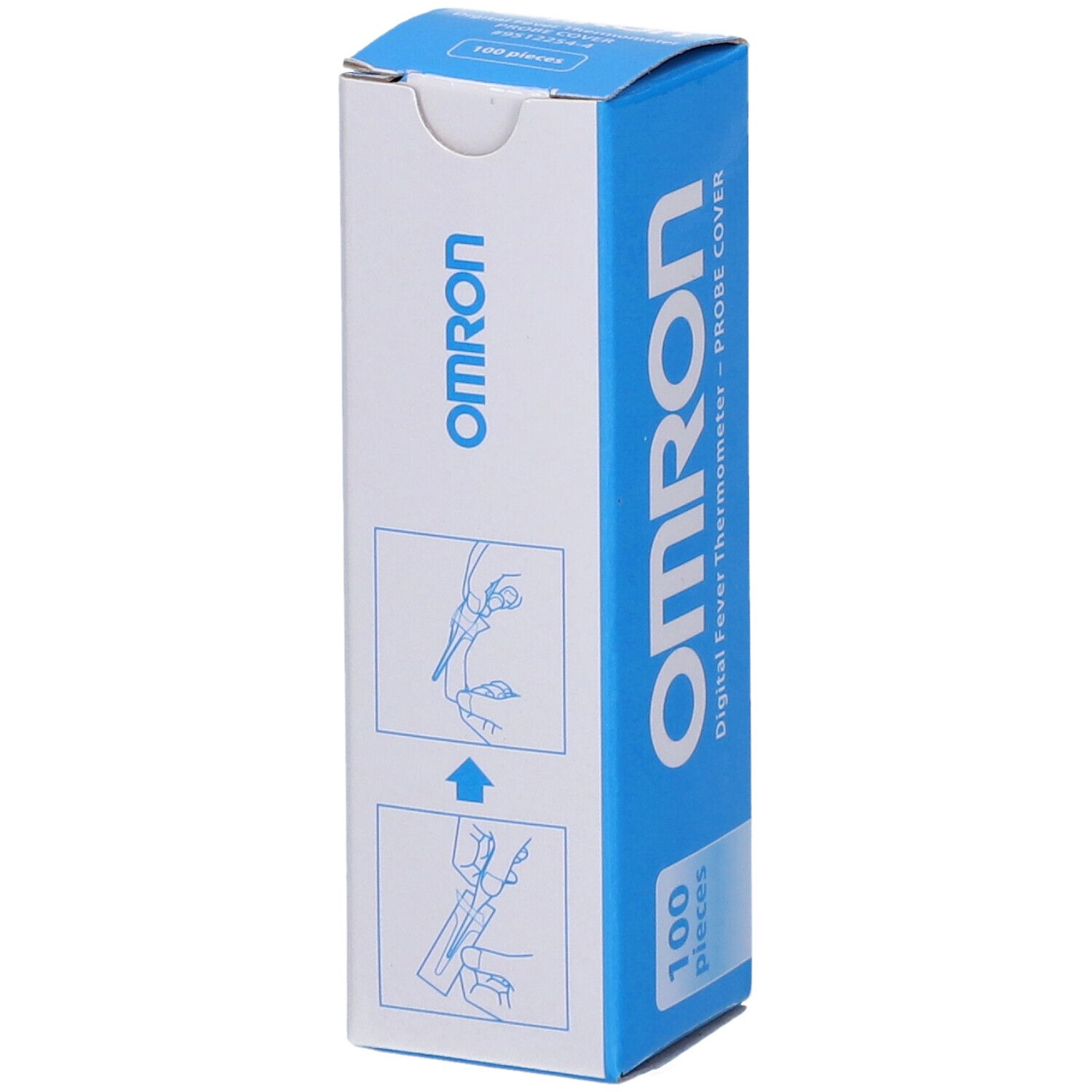 OMRON-verpakking met 100 thermometerhoezen. Blauw-witte doos met gebruiksaanwijzing.