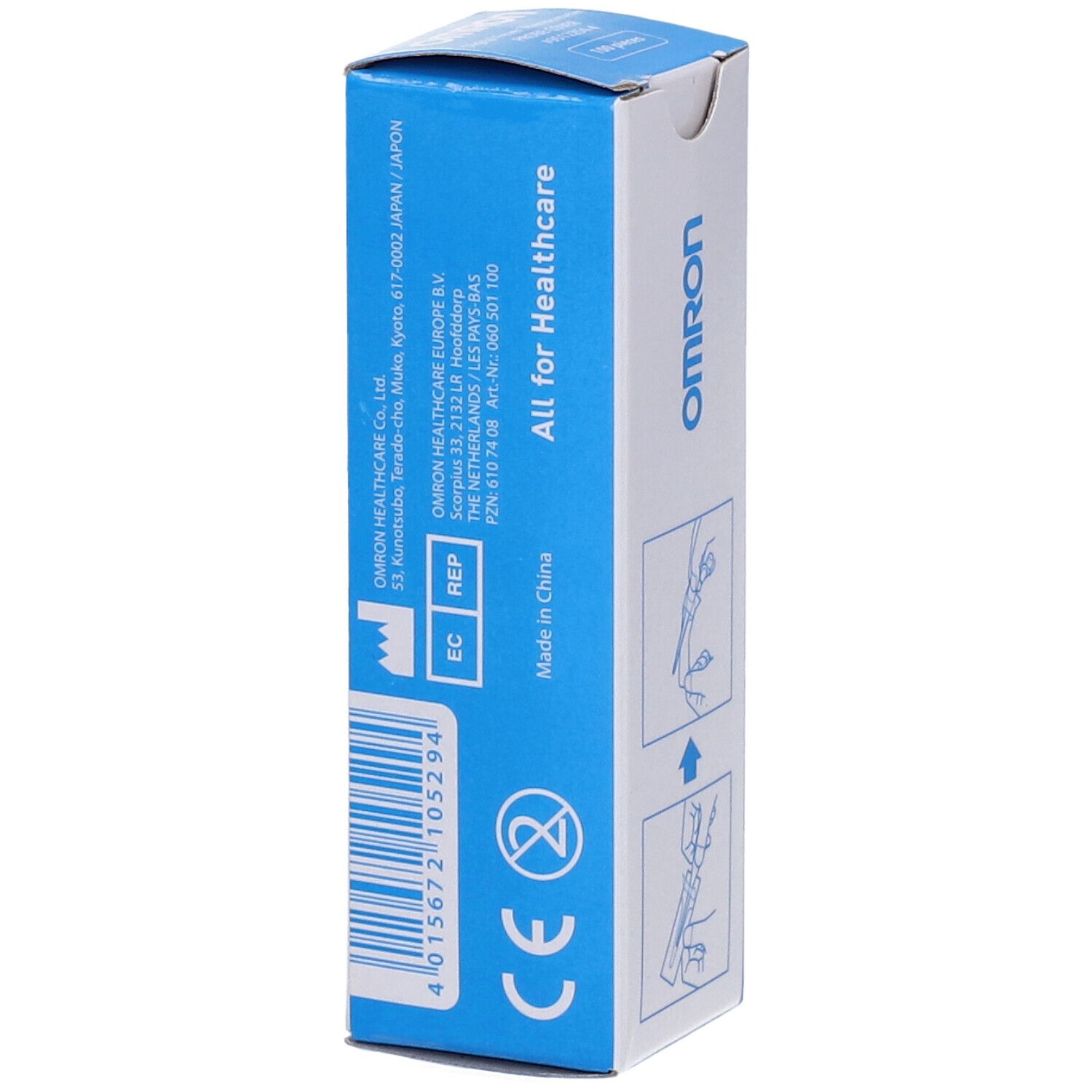 Achterkant van de OMRON-verpakking met 100 hoezen. Blauwe doos met fabrikantinfo, CE-markering en barcode.