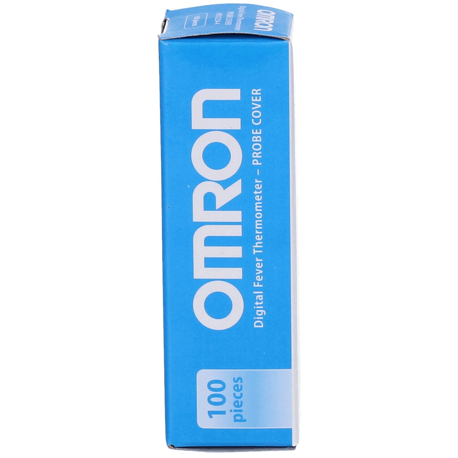OMRON-verpakking met 100 thermometerhoezen. Blauw-witte doos met productinformatie.