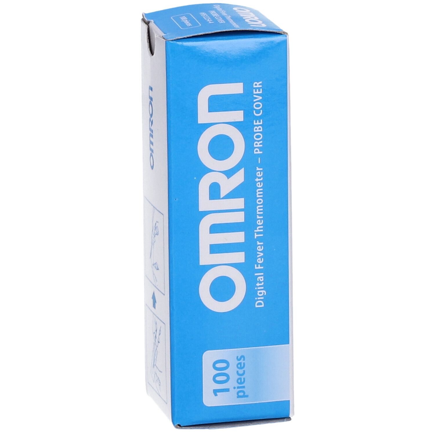 OMRON-verpakking met 100 thermometerhoezen. Blauw-witte doos met productinformatie.