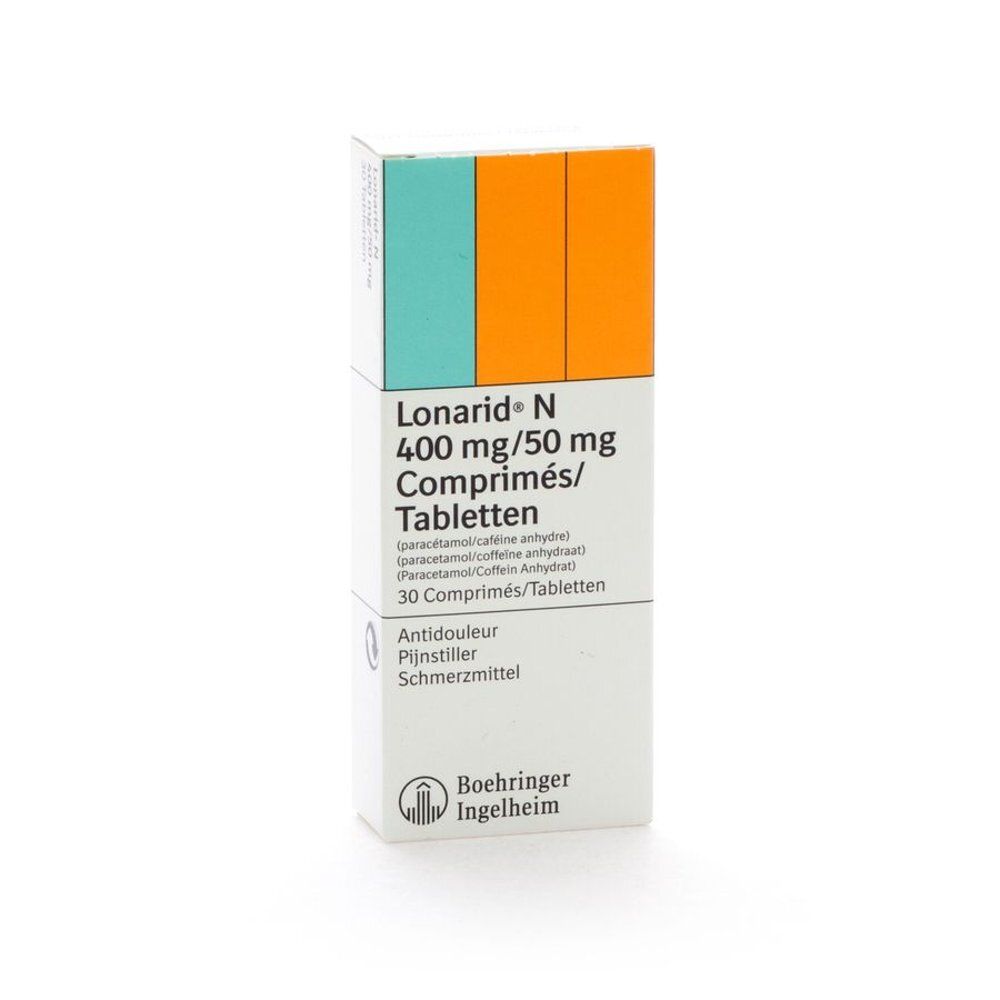 Witte medicijndoos met groene en oranje strepen. Opschrift: Lonarid N 400 mg/50 mg, 30 tabletten. Merk: Boehringer Ingelheim.