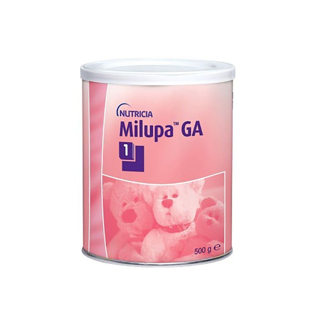 Boîte ronde rose. Inscription: Nutricia Milupa GA 1. Image d'ours en peluche. Poids: 500 g.
