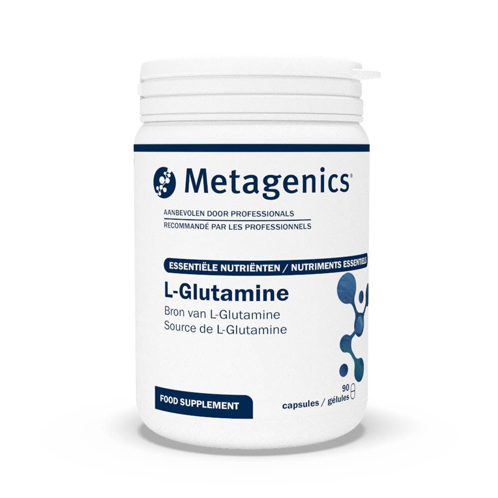 Witte pot met L-Glutamine en Metagenics-logo. 90 capsules. Blauwe en groene molecuulafbeelding.