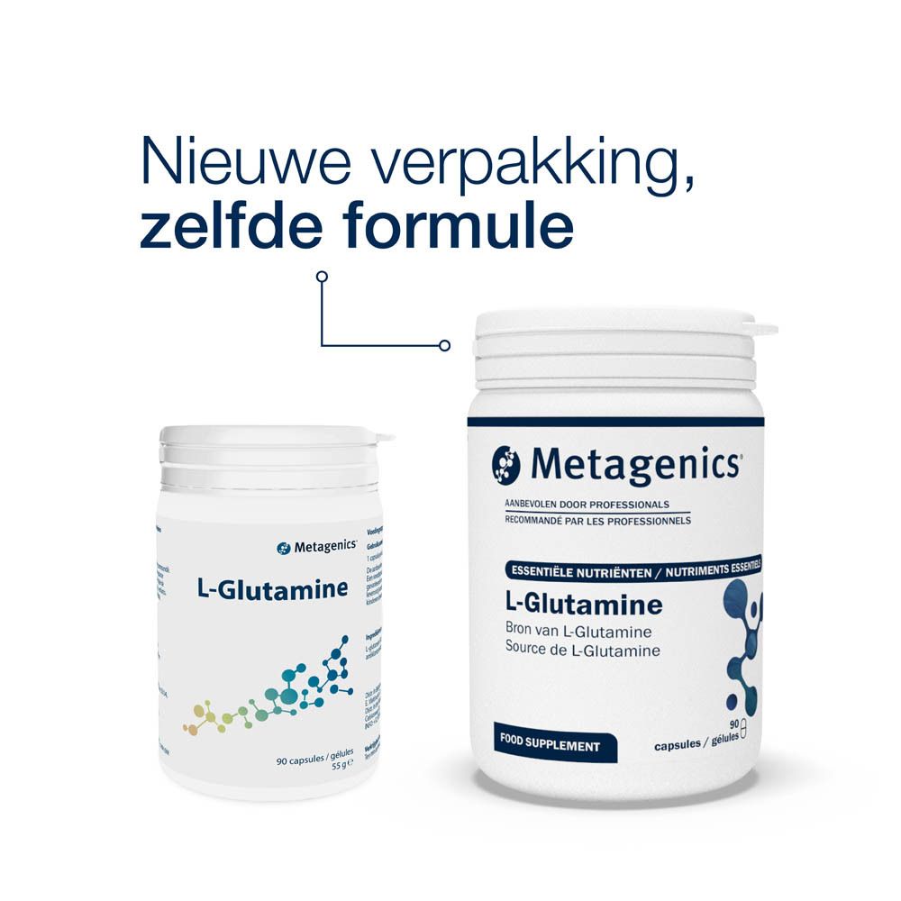 Witte pot met L-Glutamine en Metagenics-logo. 90 capsules. Blauwe en groene molecuulafbeelding.