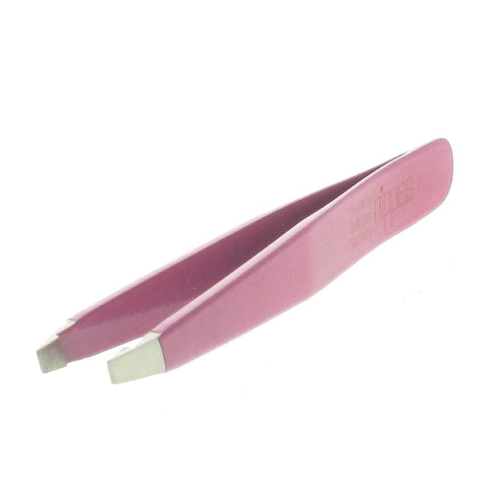 Pince à épiler rose avec pointes obliques. Le nom de la marque "Nippes" est visible sur le manche.