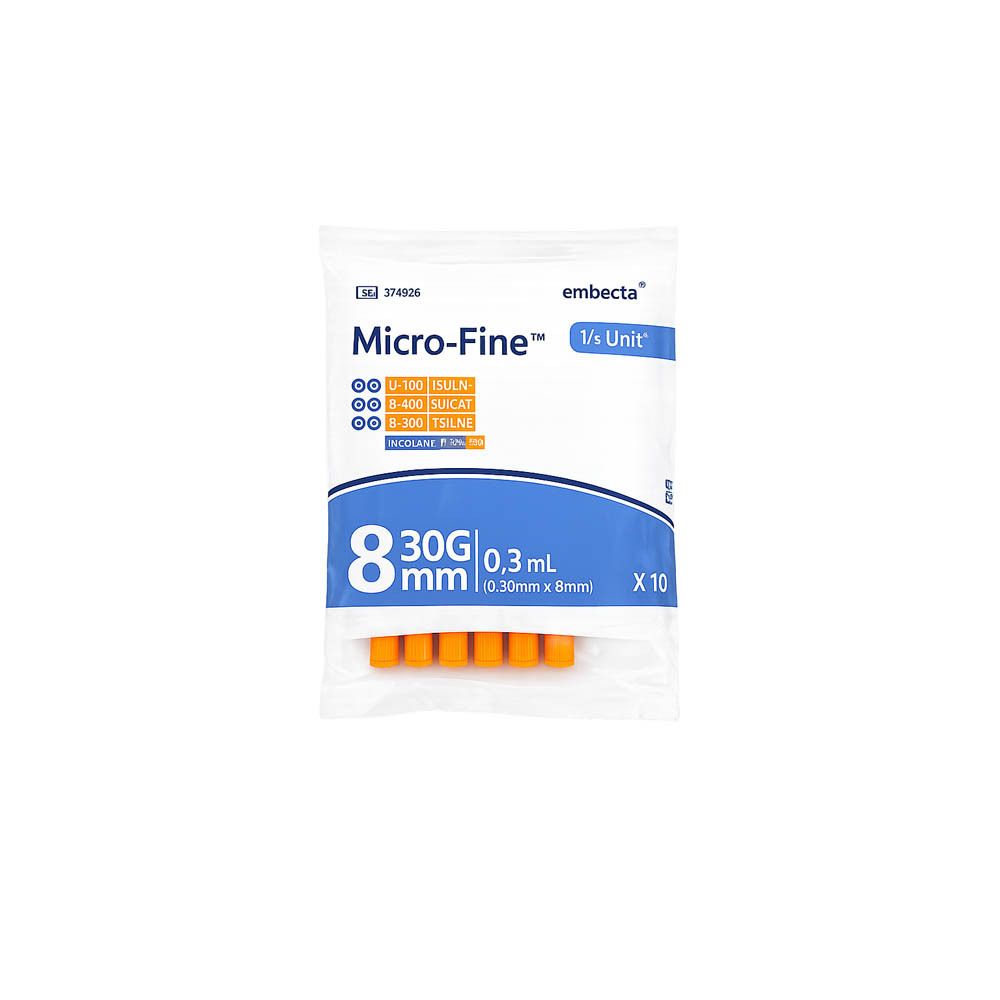 Verpakking BD Micro-Fine+ 1/2 Unit insulinespuiten. 0,3 ml, 8 mm naalden. 10 stuks. Oranje naalden.