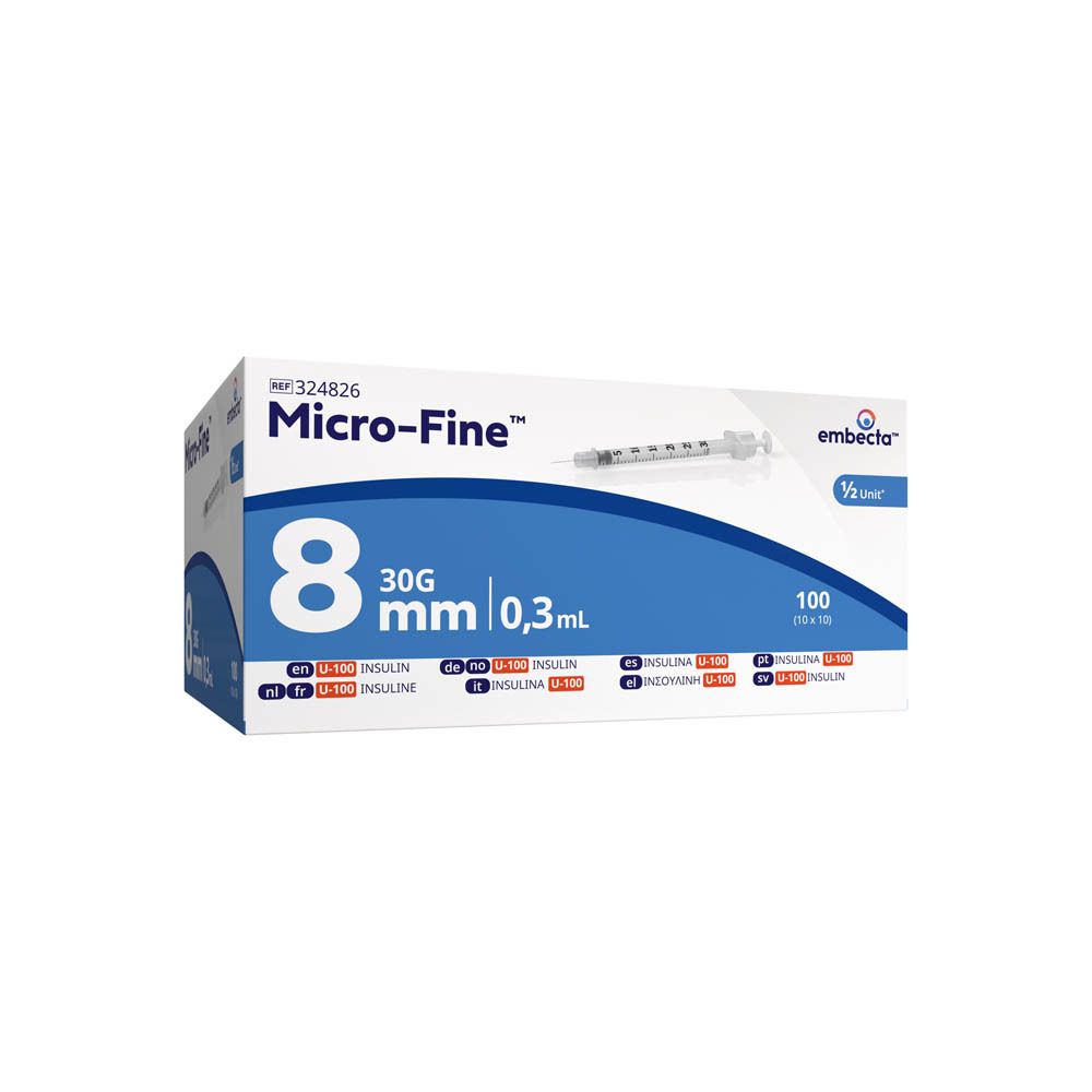 Doos met spuiten. Opschriften: 8 mm, 0,3 ml, 100 stuks. Merk: Micro-Fine.